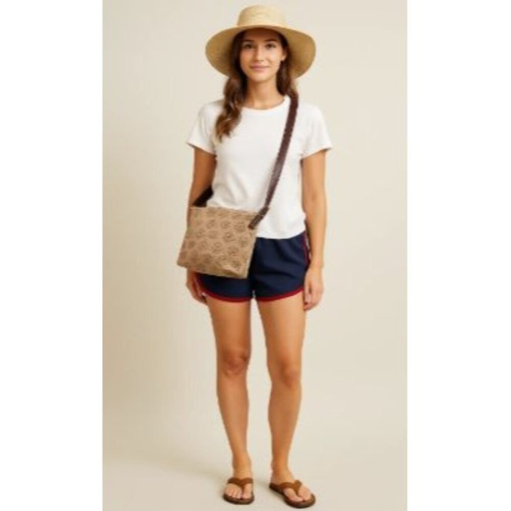 Dooney & Bourke Beige Signature Logo Canvas Shoulder Bag  Brown Leather Strap
